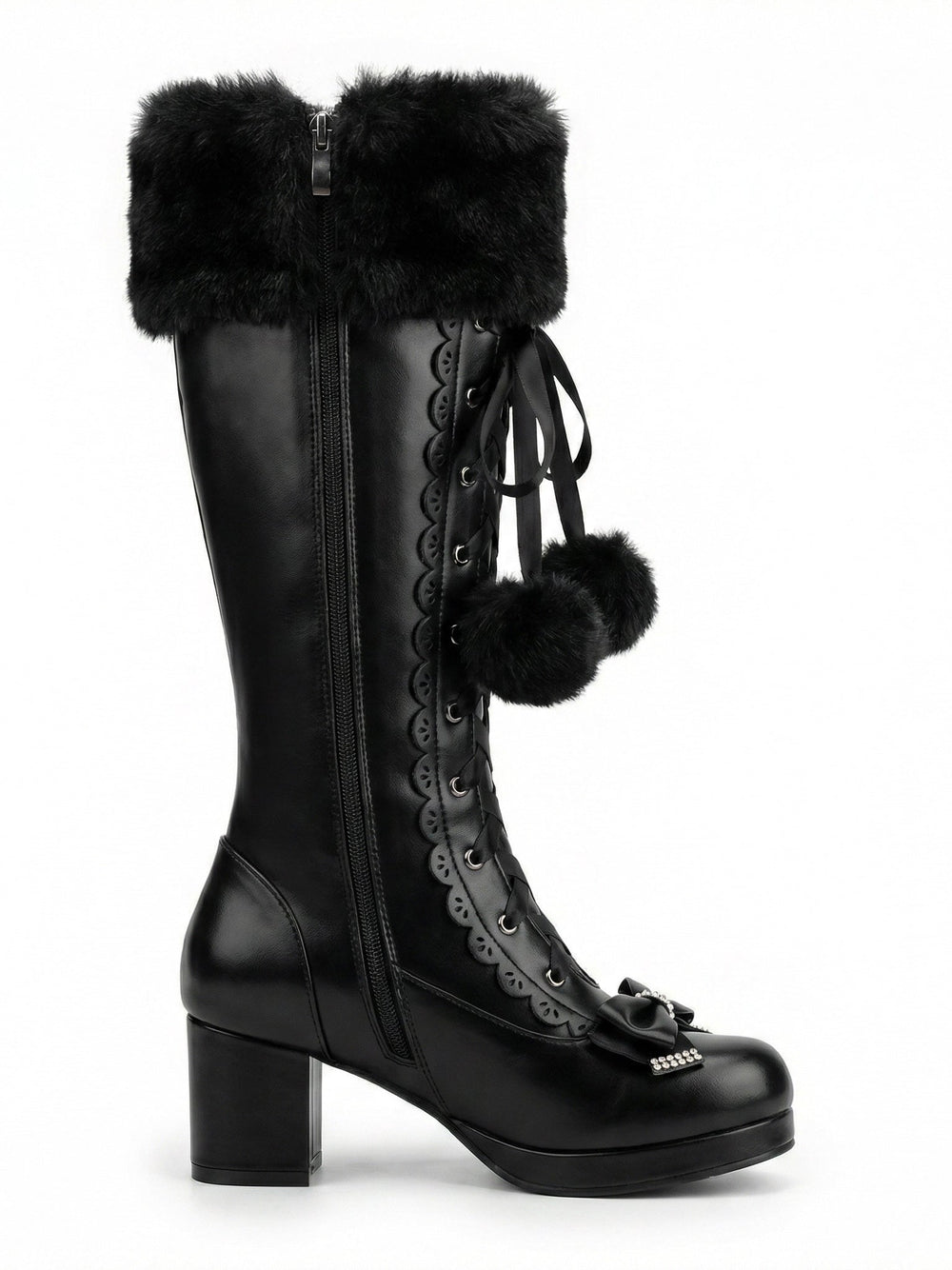 Rebel Black Faux Fur Knee-Highs, view 2