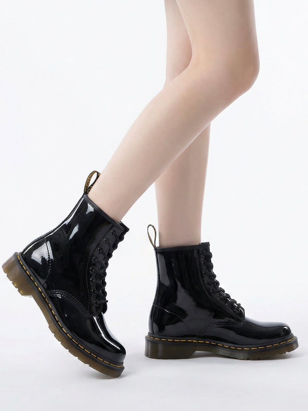 Glossy Black Lace-Up Boots, view 2