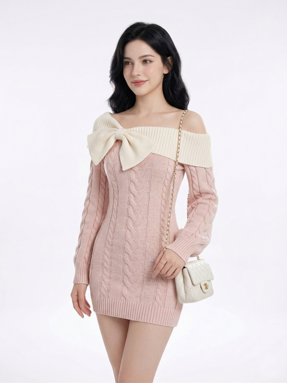Romantic Off-the-Shoulder Cable Knit Mini Dress, view 4