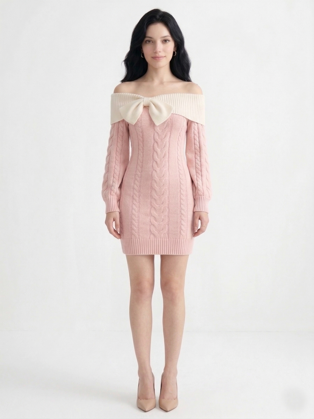 Romantic Off-the-Shoulder Cable Knit Mini Dress, view 2