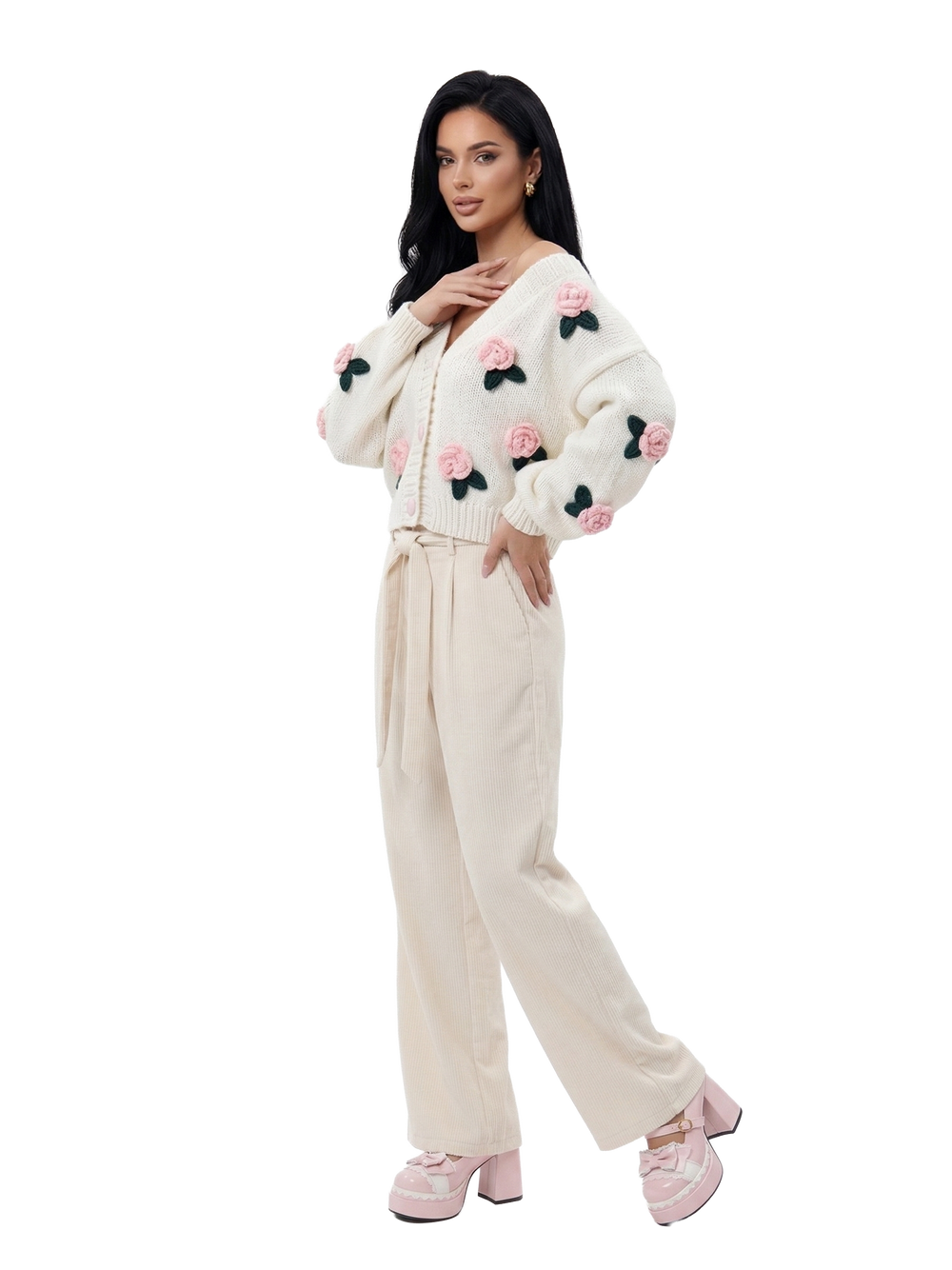 Vintage-Inspired Rose Garden 3D Applique Knit Cardigan, view 2