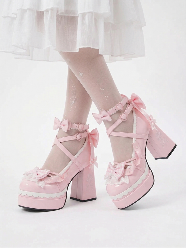 Sweetheart Coquette Platform Mary Janes with Lace & Bows (Pink)