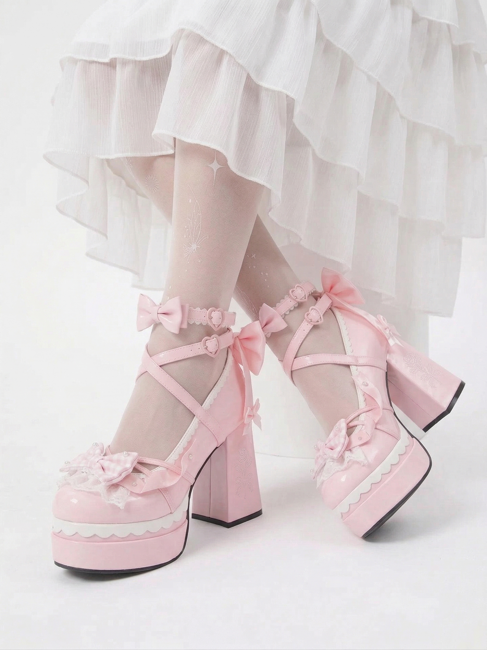 Sweetheart Coquette Platform Mary Janes with Lace & Bows (Pink), view 2