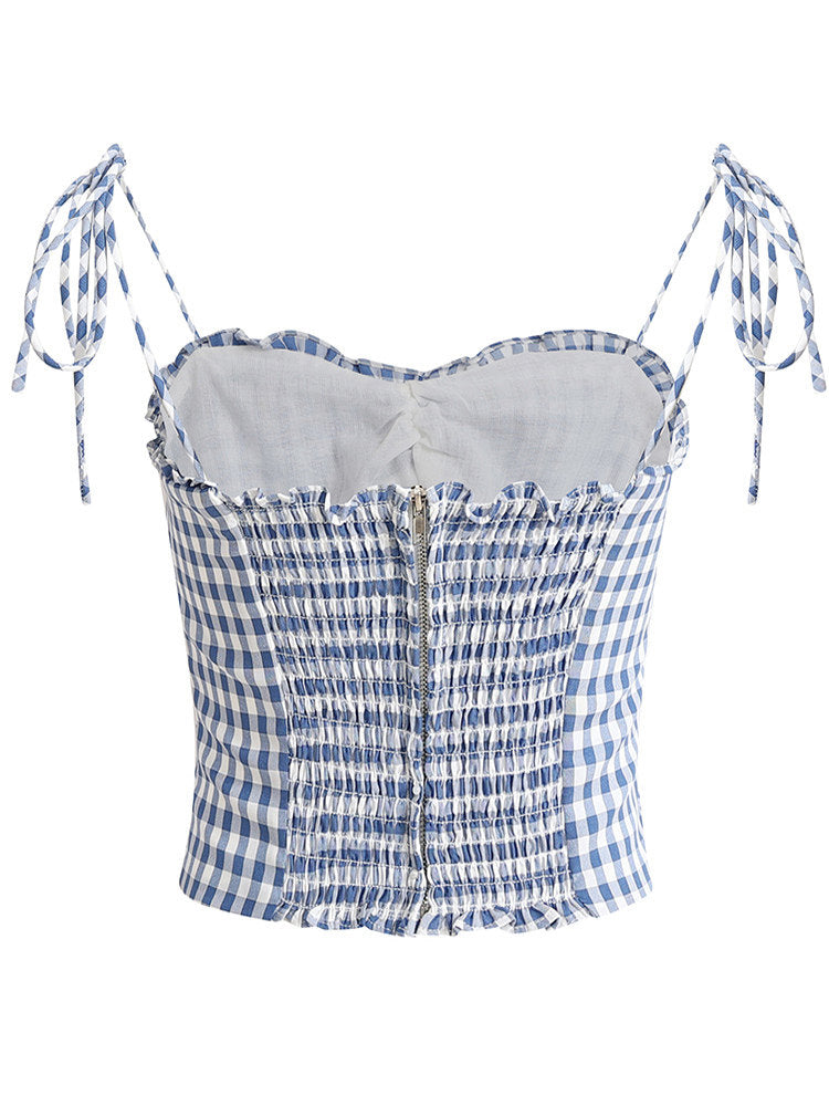 Dainty Blue Gingham Ruffle Crop Top, view 2