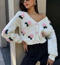 Vintage-Inspired Rose Garden 3D Applique Knit Cardigan, view 3