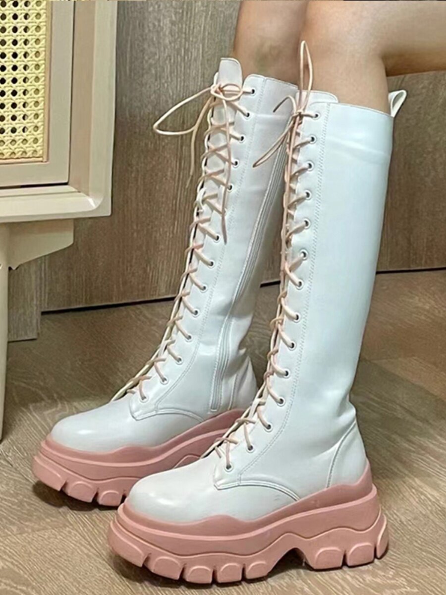 Strawberry Cream Chunky Sole Knee-High Boots, view 3